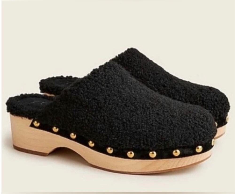 J.Crew Sherpa Clogs Black Faux Fur Studded Wooden Platform Mules Size 10